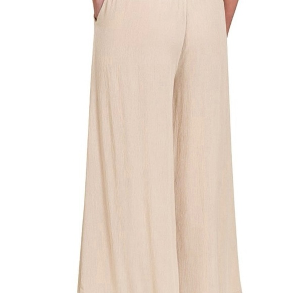 Zenana Sand Beige Woven Crinkle Wide Leg Pants with Pockets - Picture 3 of 3